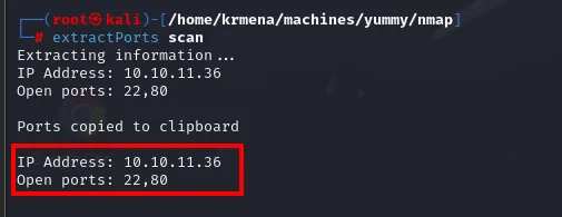 extractPorts devolviendo IP Address 10.10.11.36 y Open ports 22,80
