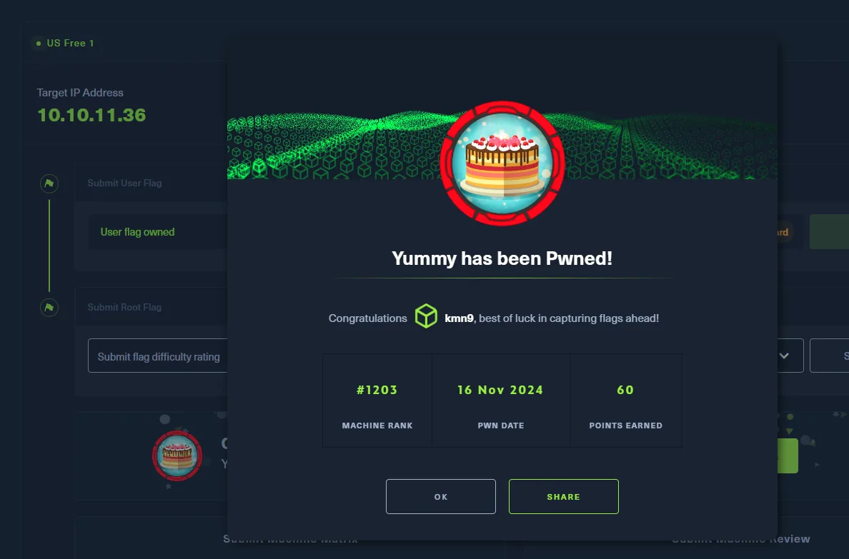 El panel de HackTheBox confirmando "Yummy has been Pwned!" con la flag de usuario y la de root enviadas, rank #1203 y 60 puntos