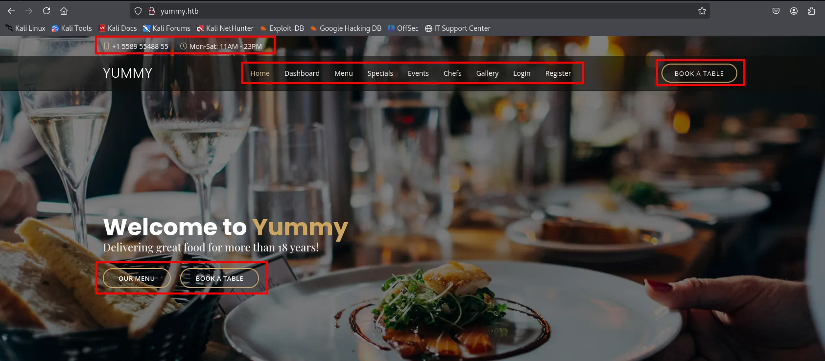 La portada de yummy.htb: un restaurante con menú de navegación Home, Dashboard, Menu, Specials, Events, Chefs, Gallery, Login y Register, más un botón "Book a table"