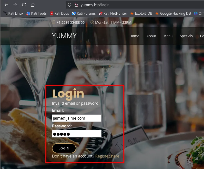 El formulario de login en yummy.htb/login con las mismas credenciales