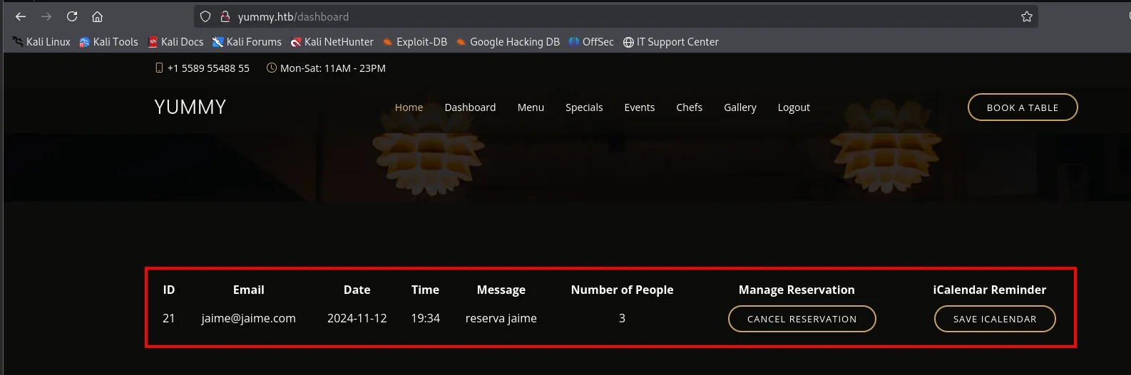 El dashboard ahora con la reserva ID 21 de jaime@jaime.com y los botones "Cancel reservation" y "Save icalendar"