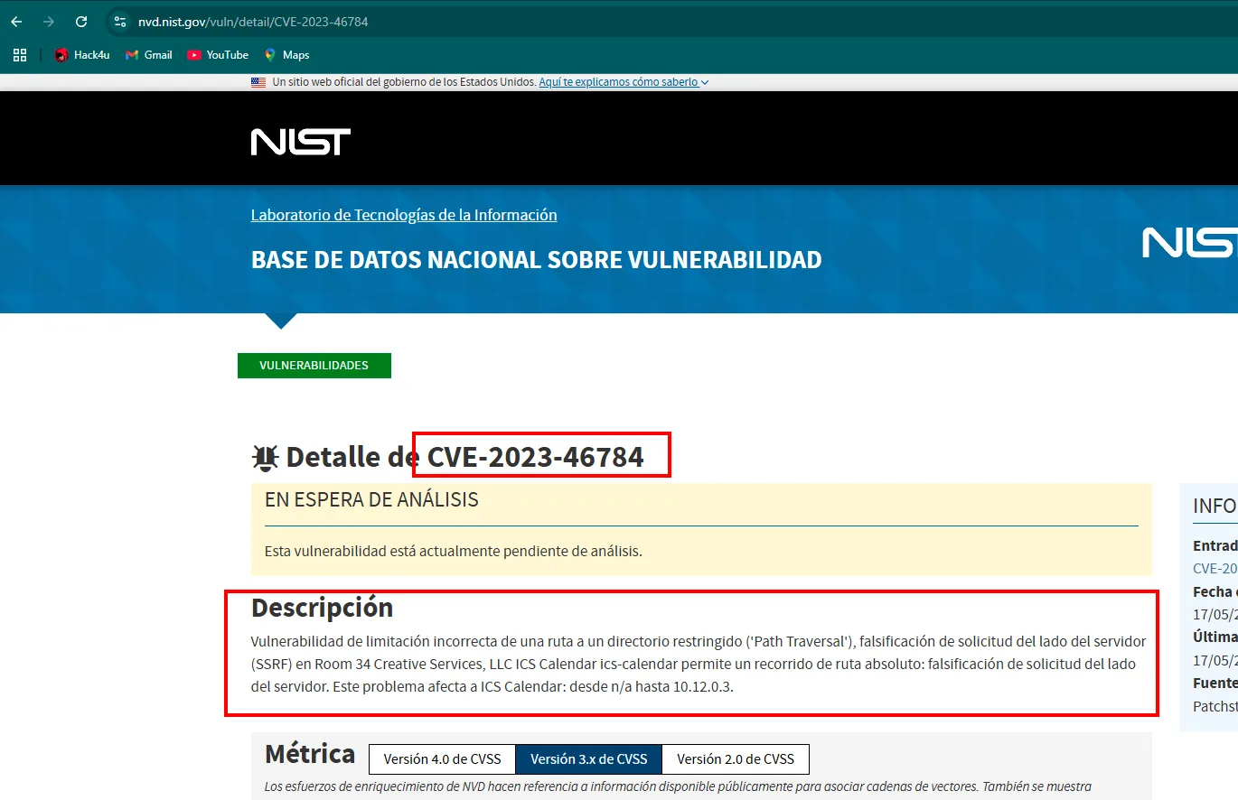 La ficha de CVE-2023-46784 en el NVD describiendo un path traversal y SSRF en ICS Calendar de Room 34 Creative Services, afectando hasta la versión 10.12.0.3