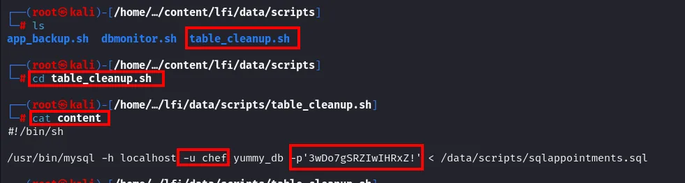 el script table_cleanup.sh conecta a MySQL con el usuario chef y la contraseña 3wDo7gSRZIwIHRxZ!