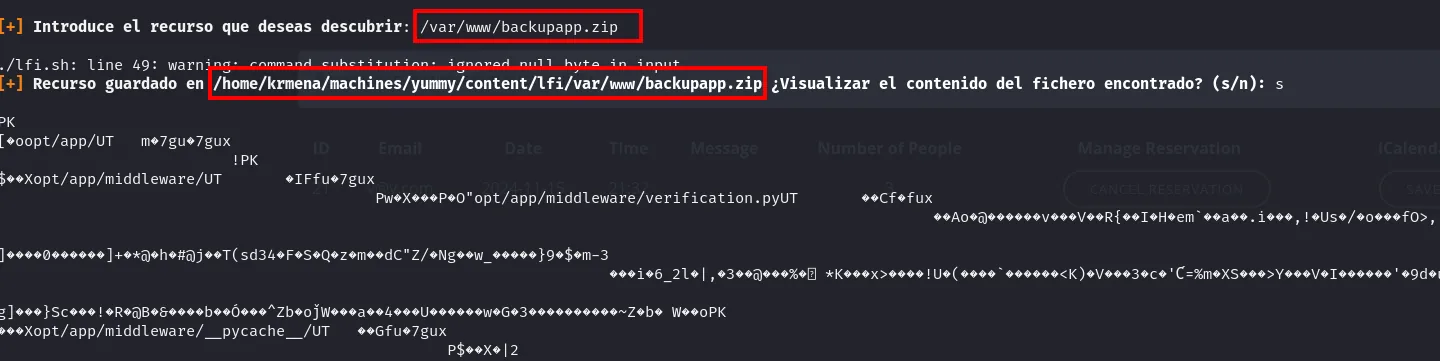 El script LFI descargando /var/www/backupapp.zip y mostrando bytes binarios ilegibles, con el aviso "command substitution: ignored null byte in input"