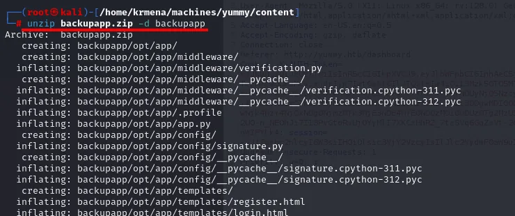 unzip descomprimiendo backupapp.zip en el directorio backupapp, listando app.py, config/signature.py, middleware/verification.py y las plantillas