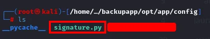 ls en backupapp/opt/app/config mostrando el fichero signature.py