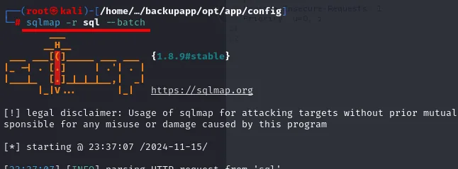sqlmap 1.8.9 arrancando y parseando la petición HTTP guardada en el fichero sql