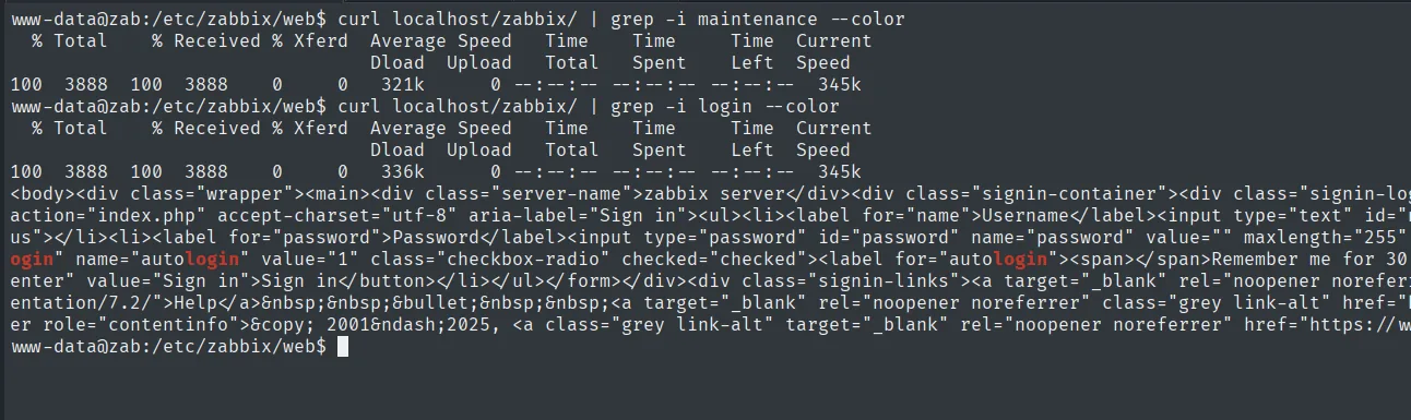 curl localhost/zabbix/ devuelve el formulario de login, no el mantenimiento