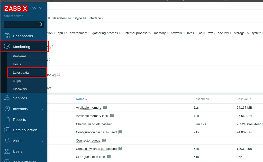 Monitoring > Latest data en el panel Zabbix