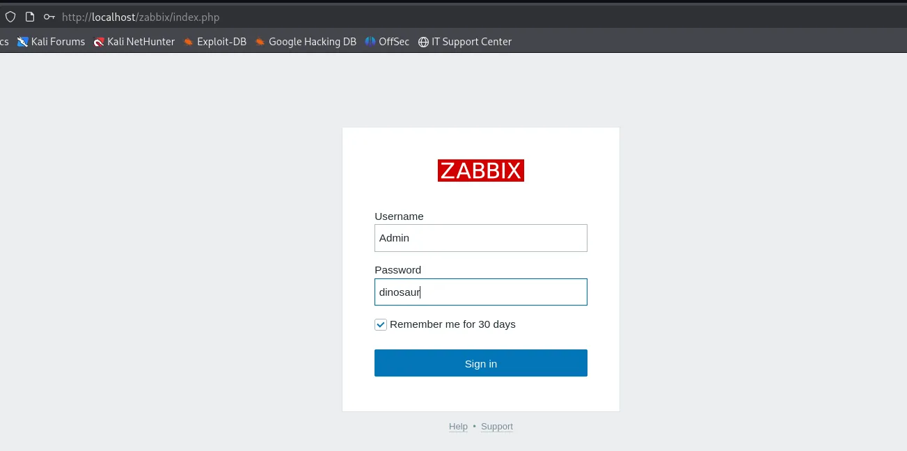 Login del panel Zabbix por el túnel con Admin / dinosaur