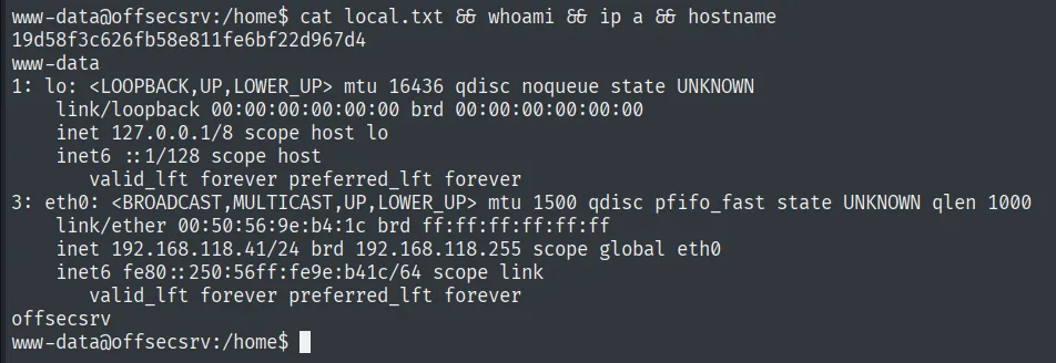 local.txt leido como www-data en offsecsrv, con whoami www-data y la IP 192.168.118.41