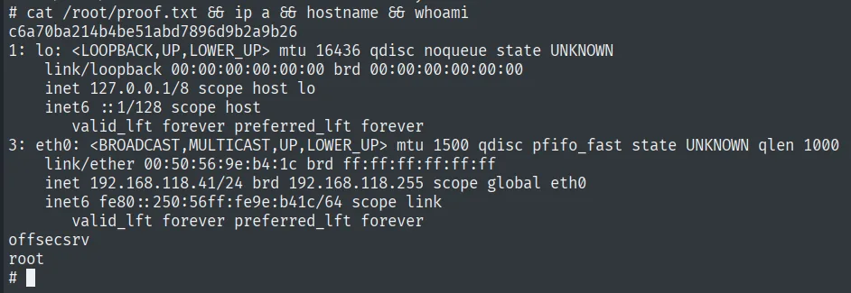 proof.txt leido como root en offsecsrv, con hostname offsecsrv y whoami root