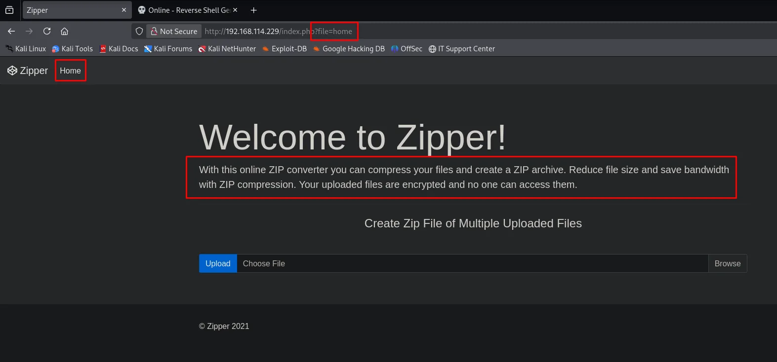 Portada de Zipper con la URL index.php?file=home; conversor de ZIP con un formulario de subida