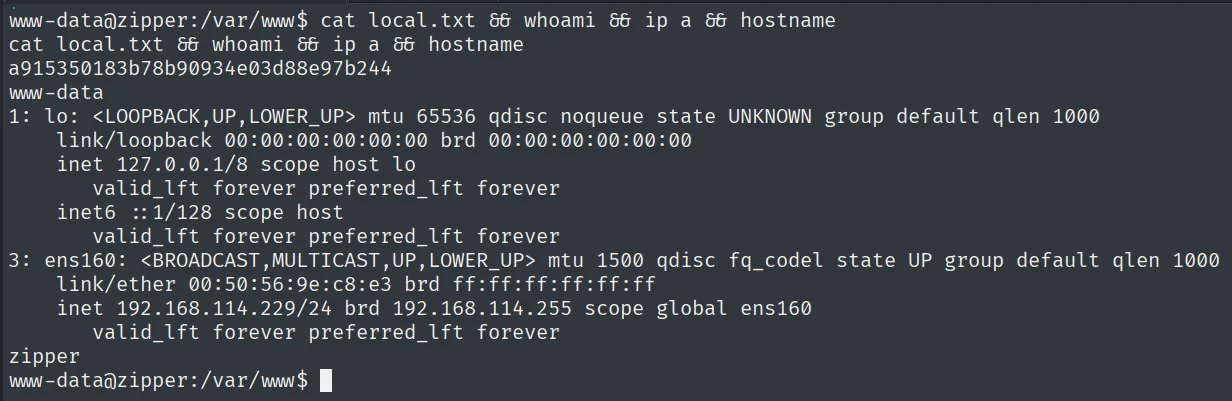 local.txt leída como www-data en zipper