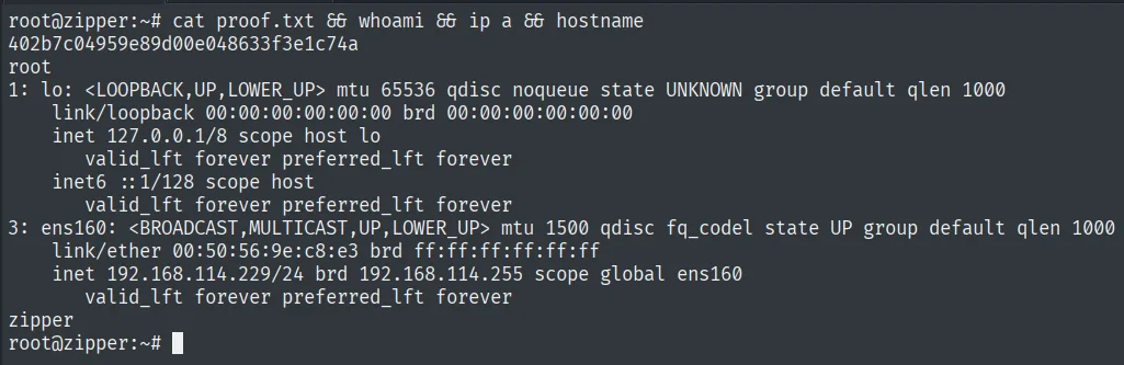 proof.txt leída como root en zipper