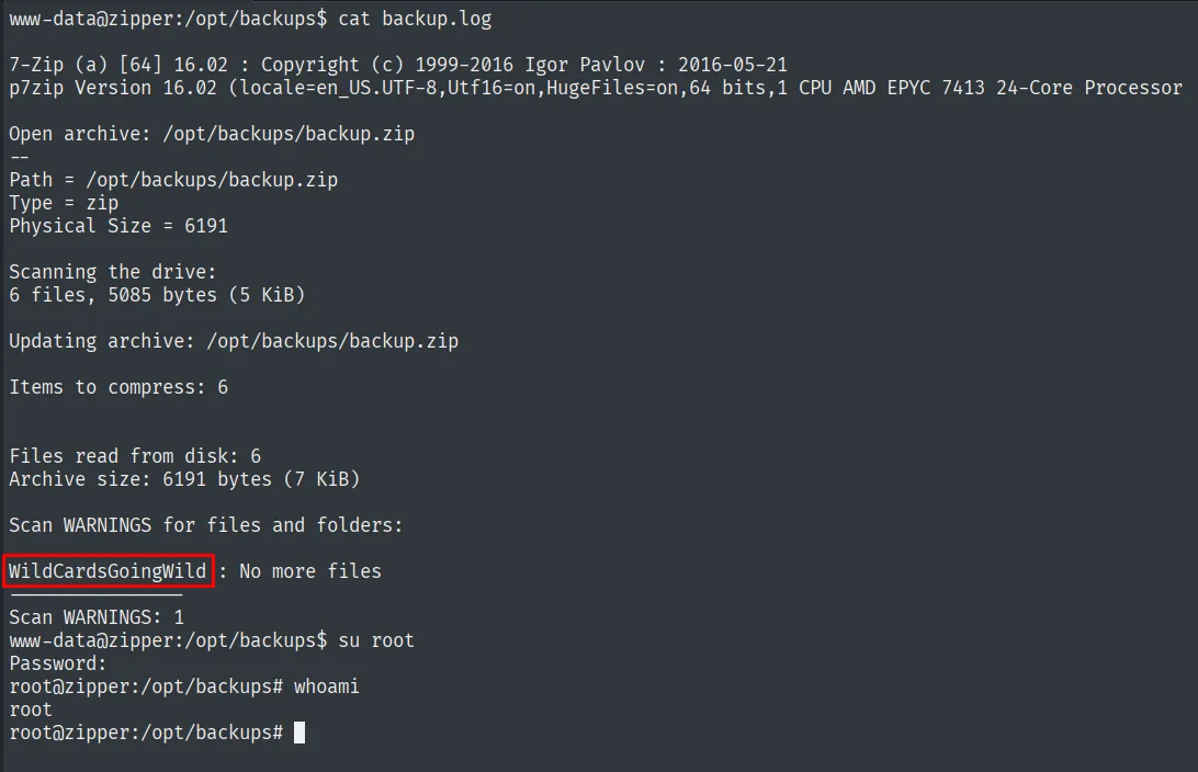 backup.log filtra WildCardsGoingWild vía la advertencia de 7-Zip; su root con esa contraseña da root