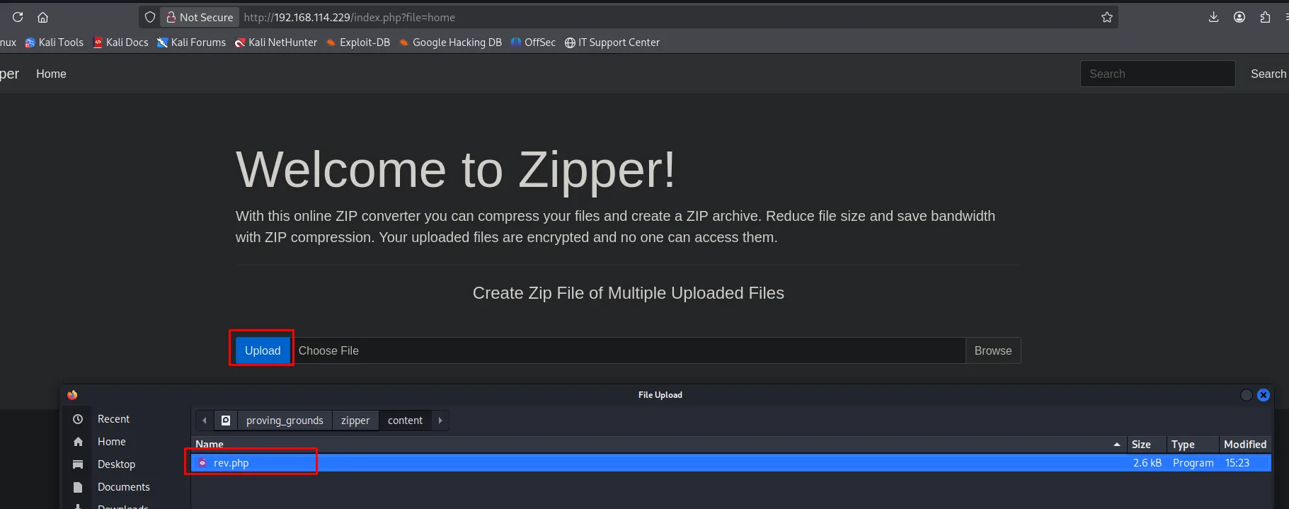 Formulario de subida de Zipper con rev.php seleccionada en el diálogo de fichero